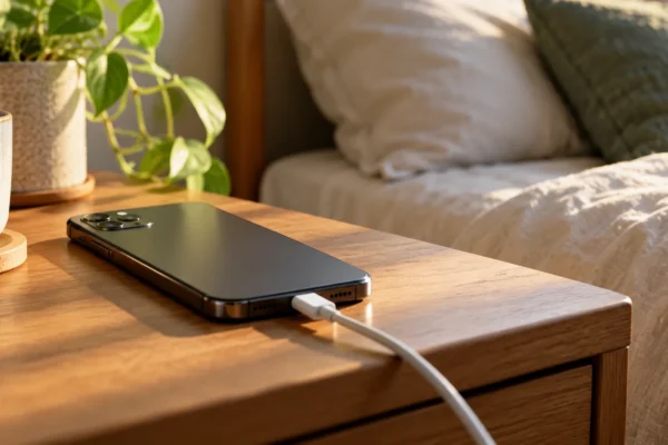 Smartphone relié à un câble de recharge sur une table