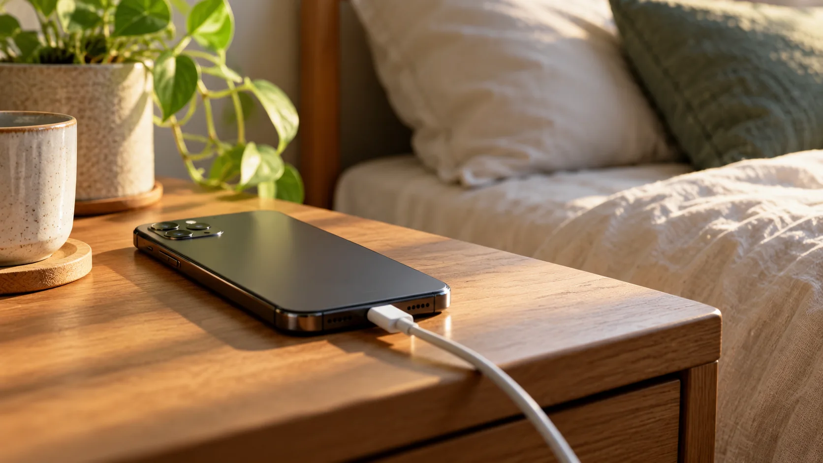 Smartphone relié à un câble de recharge sur une table