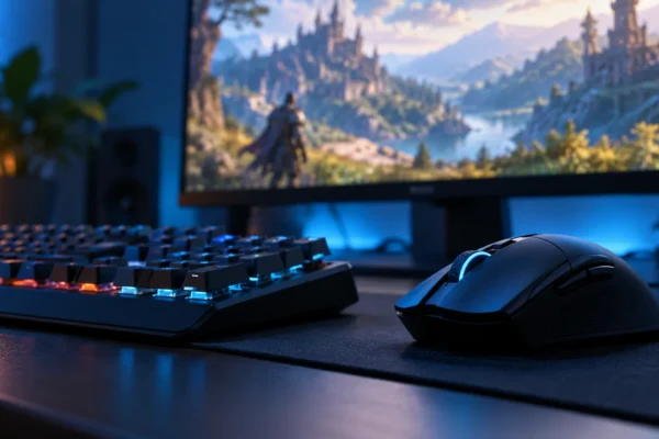 Souris et clavier de jeu devant un écran