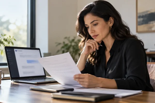 Professionnel relisant un document à côté de son ordinateur