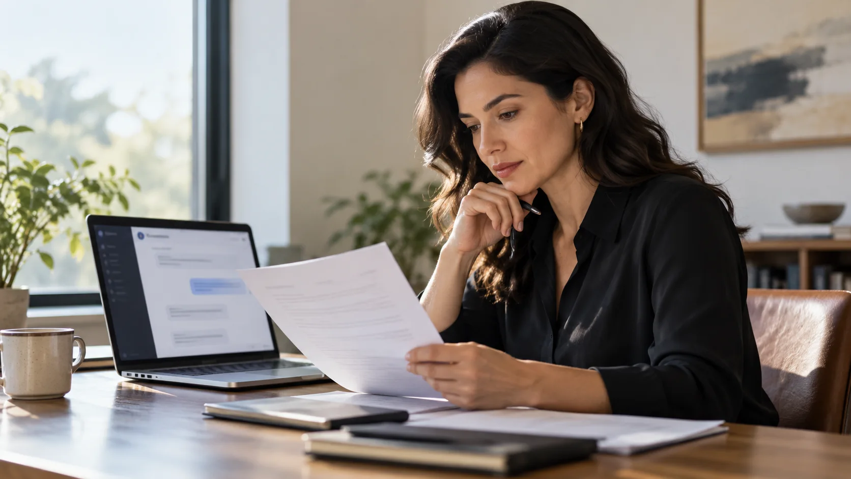 Professionnel relisant un document à côté de son ordinateur