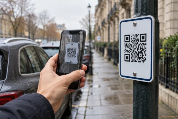 Smartphone devant un code carré sur un panneau de paiement
