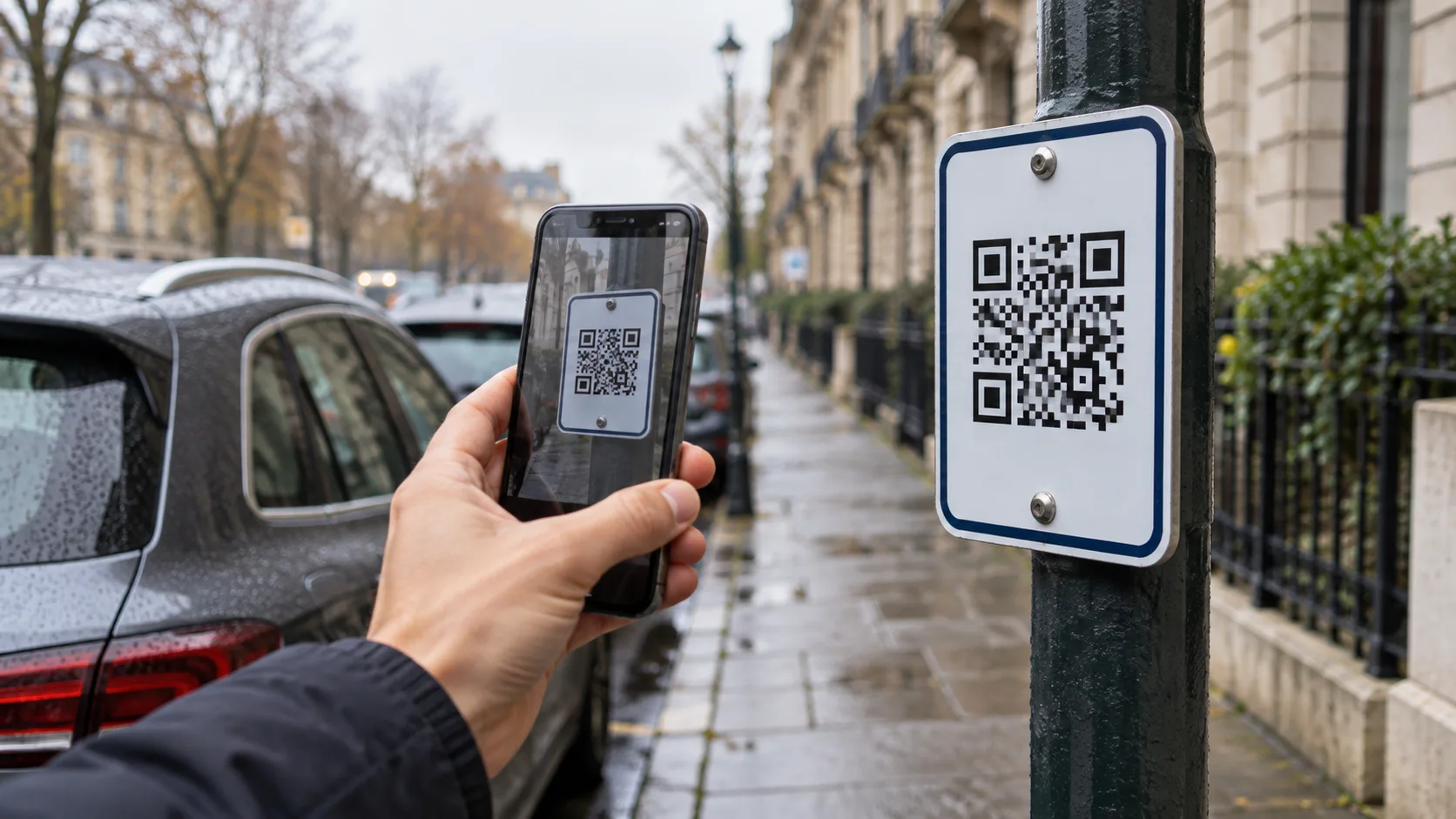 Smartphone devant un code carré sur un panneau de paiement
