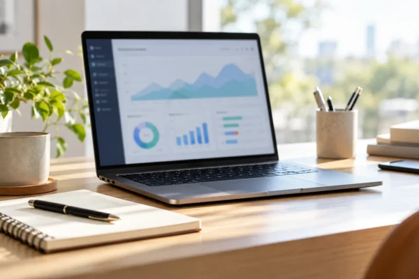 Ordinateur et carnet sur un bureau pour analyser des données