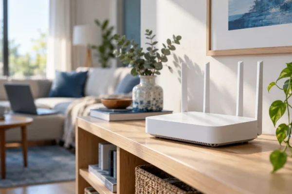 Routeur Wi-Fi sur une étagère dans un salon