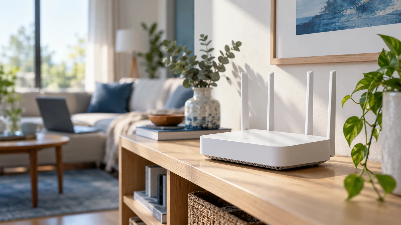 Routeur Wi-Fi sur une étagère dans un salon