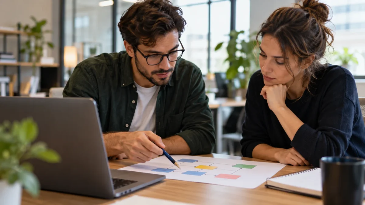 Deux spécialistes examinent un schéma de processus sur une feuille près d’un ordinateur.