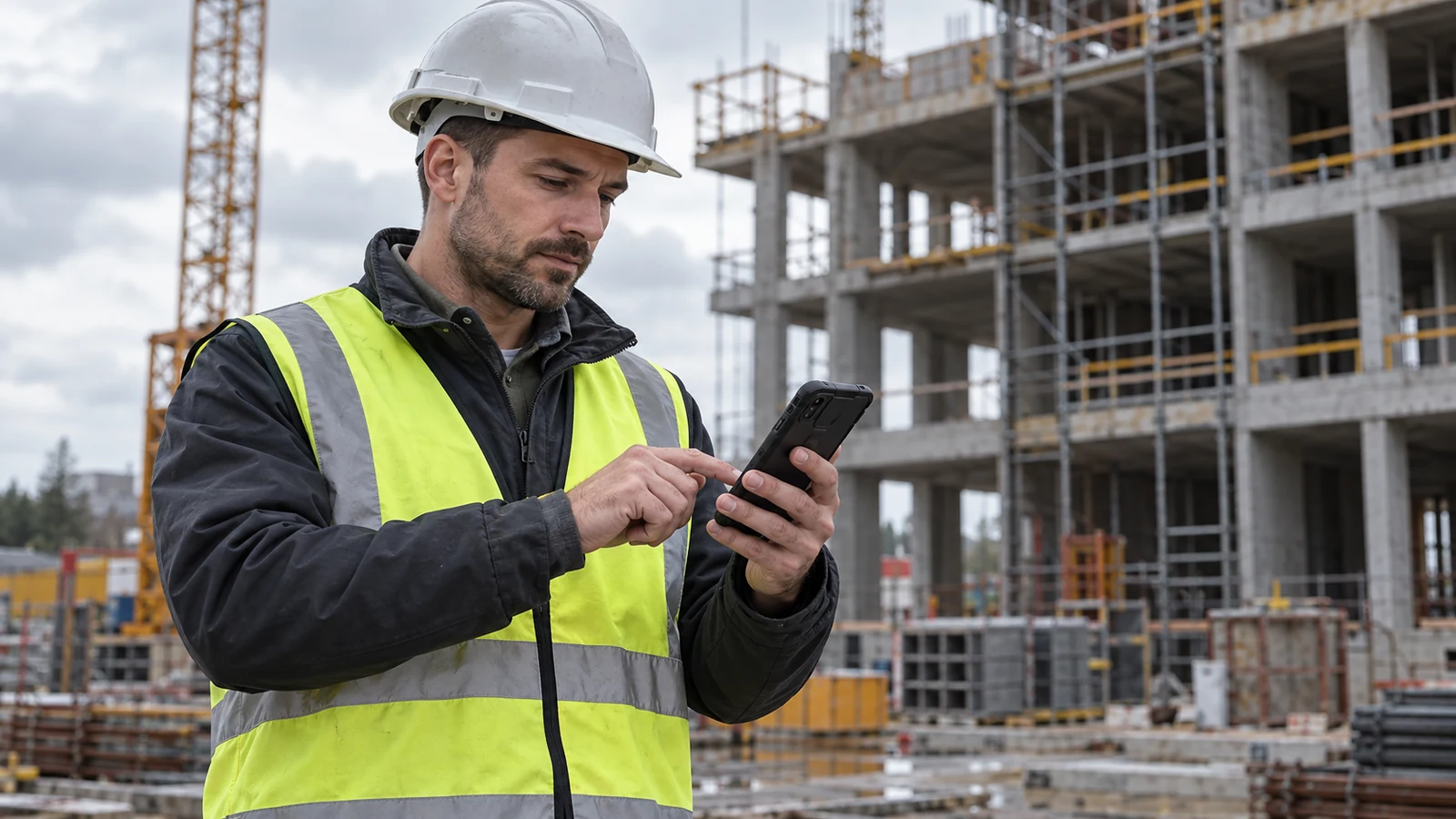 Illustration : Responsable de chantier utilisant un smartphone.