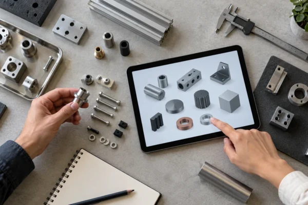 Illustration : Pièces mécaniques et tablette présentant des produits sur un établi.