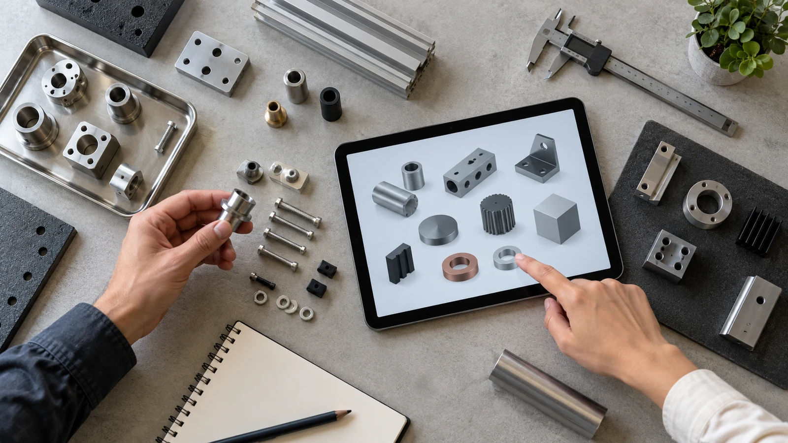 Illustration : Pièces mécaniques et tablette présentant des produits sur un établi.