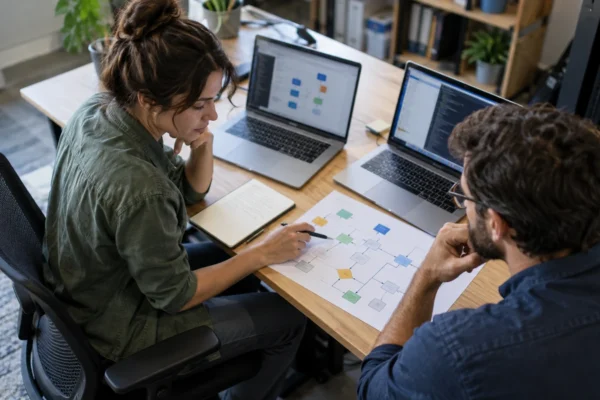 Illustration : Spécialistes préparant les échanges entre des logiciels.