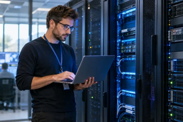 Illustration : Spécialiste informatique devant les équipements d’un serveur.