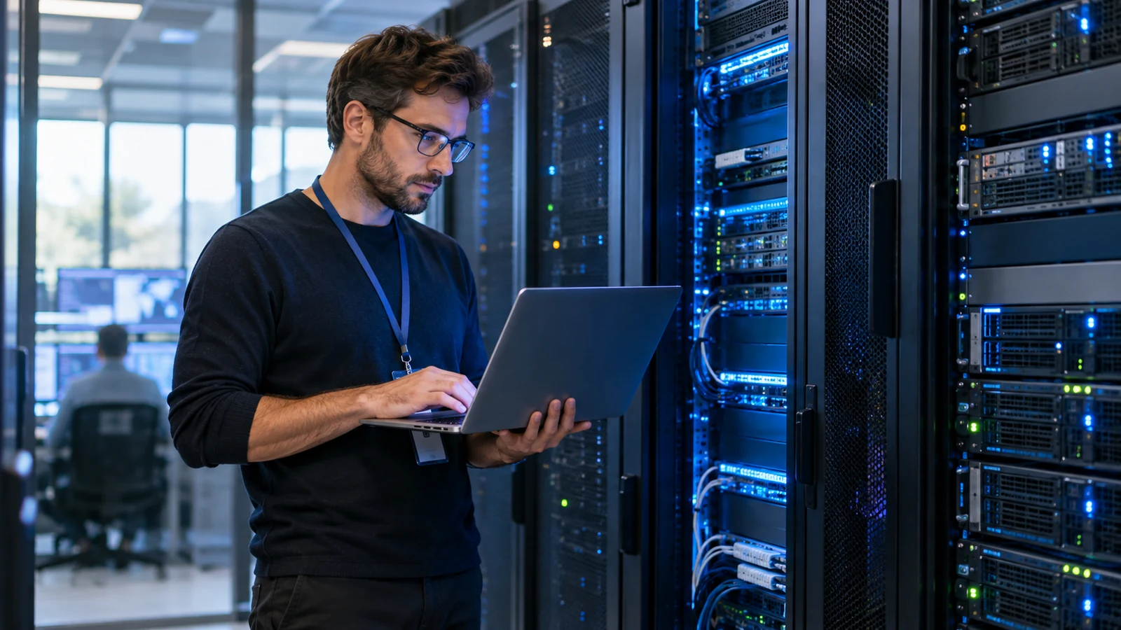 Illustration : Spécialiste informatique devant les équipements d’un serveur.