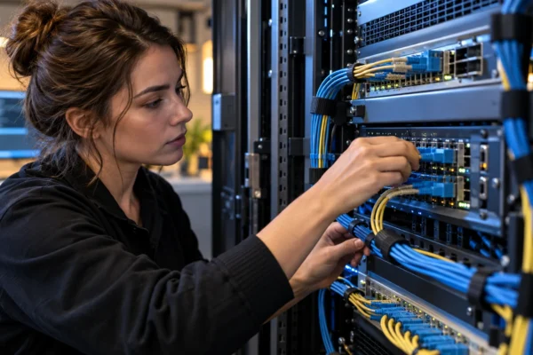 Illustration : Connexions et équipements réseau dans une baie informatique.