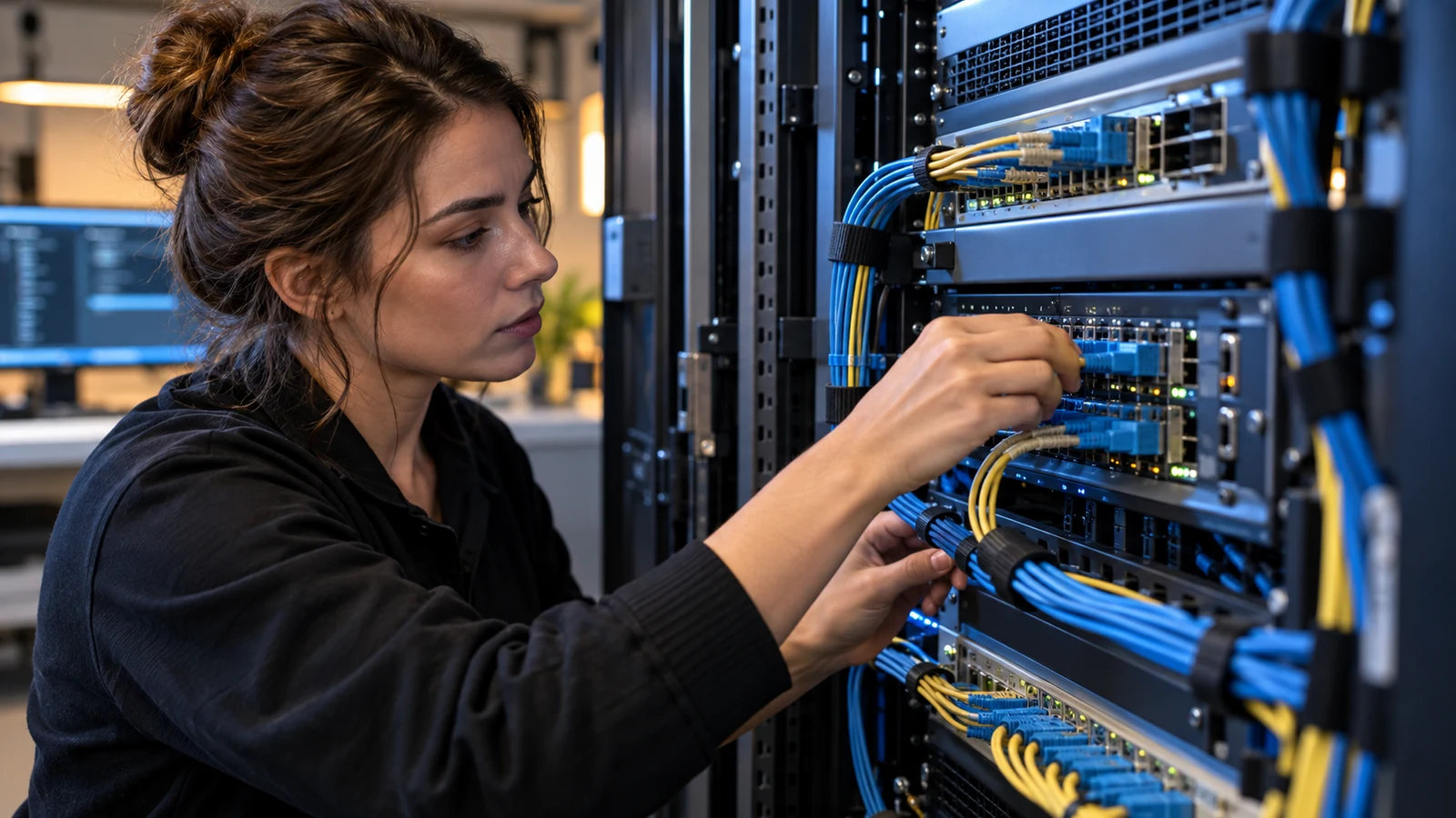 Illustration : Connexions et équipements réseau dans une baie informatique.