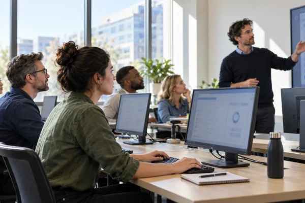 Illustration : Salariés suivant une formation pratique à un logiciel.