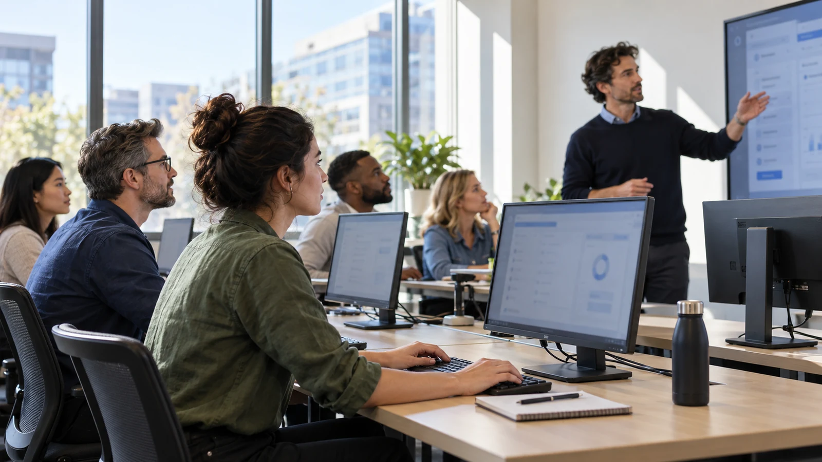 Illustration : Salariés suivant une formation pratique à un logiciel.