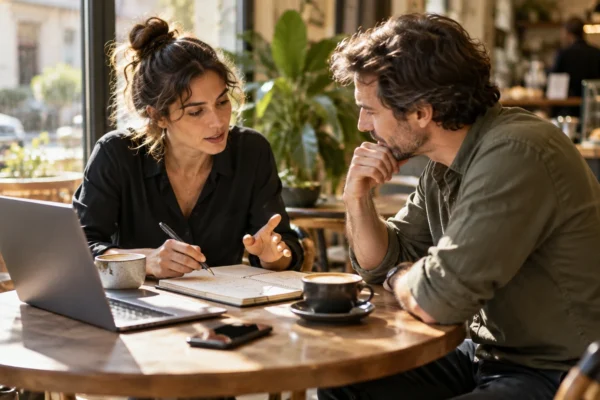 Illustration : Consultant indépendant échangeant avec un client dans un café.