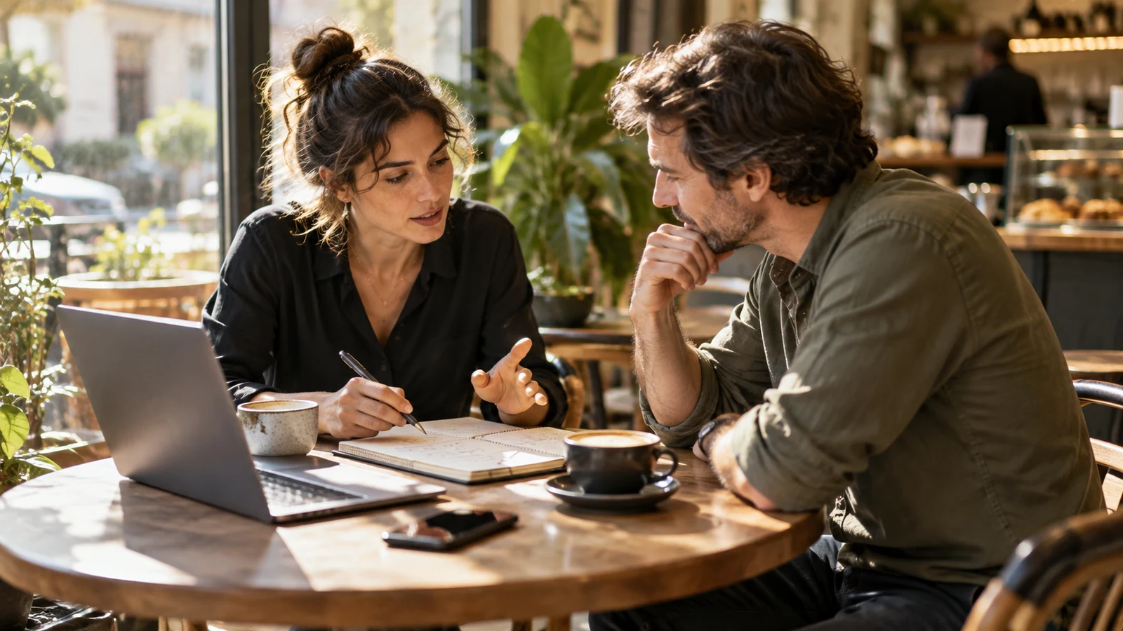 Illustration : Consultant indépendant échangeant avec un client dans un café.