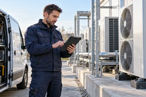 Illustration : Technicien consultant une tablette près de son véhicule de service.