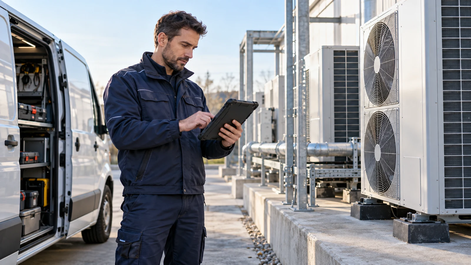Illustration : Technicien consultant une tablette près de son véhicule de service.