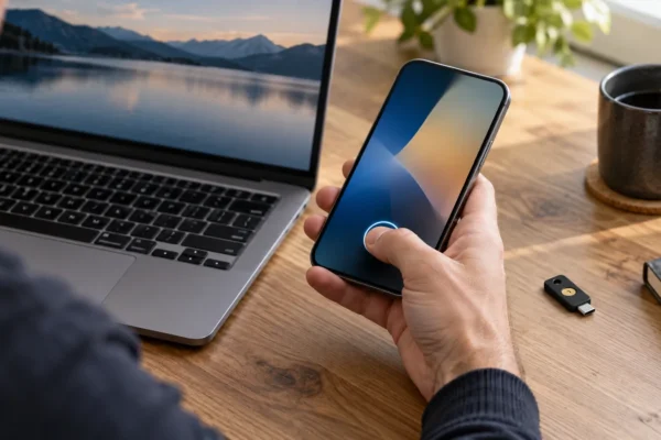 Une personne déverrouille son téléphone près d’un ordinateur et d’une clé de sécurité.