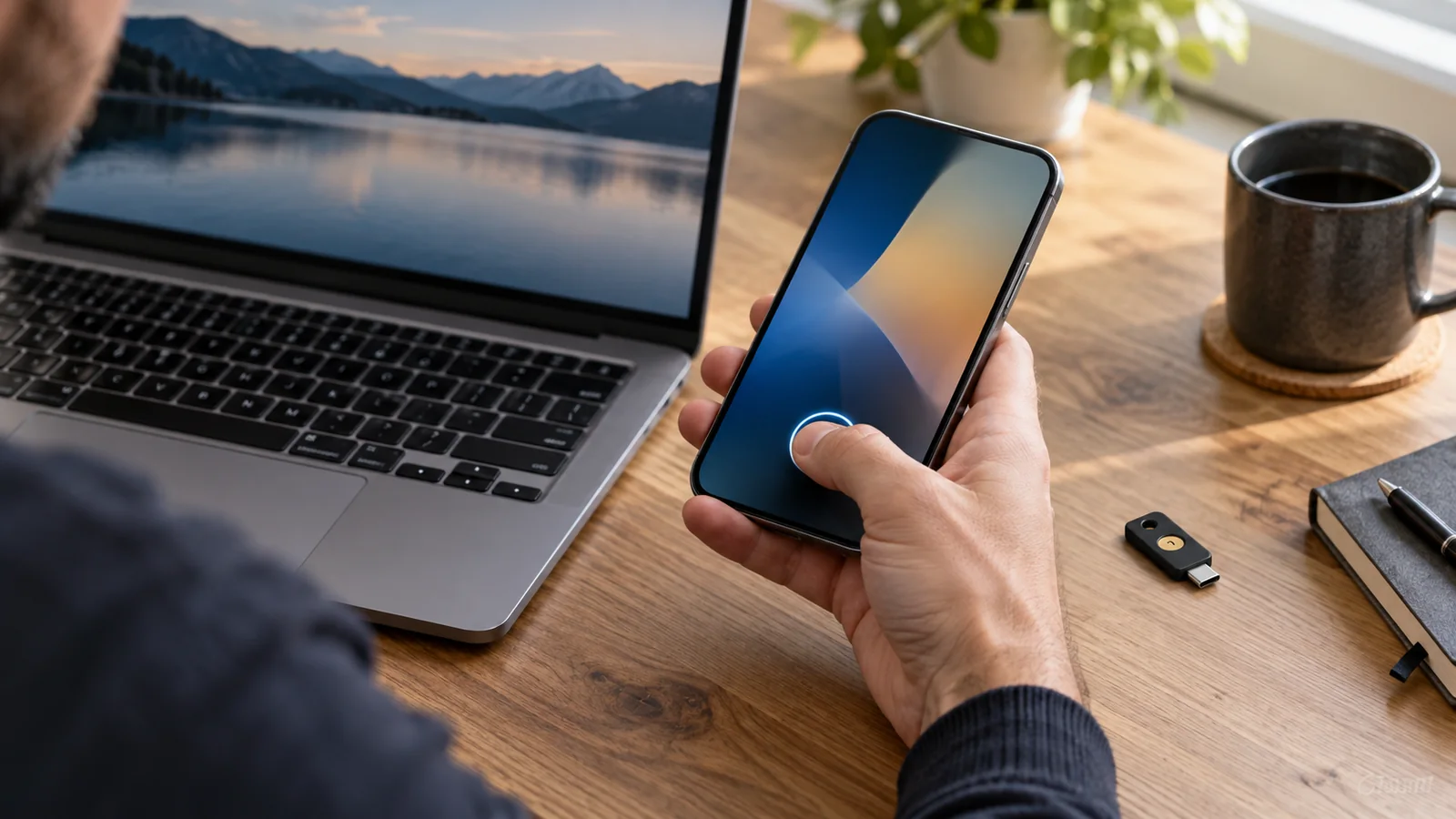 Une personne déverrouille son téléphone près d’un ordinateur et d’une clé de sécurité.