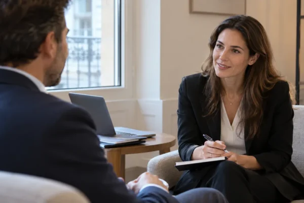 Professionnel recevant un futur client dans un bureau de consultation.