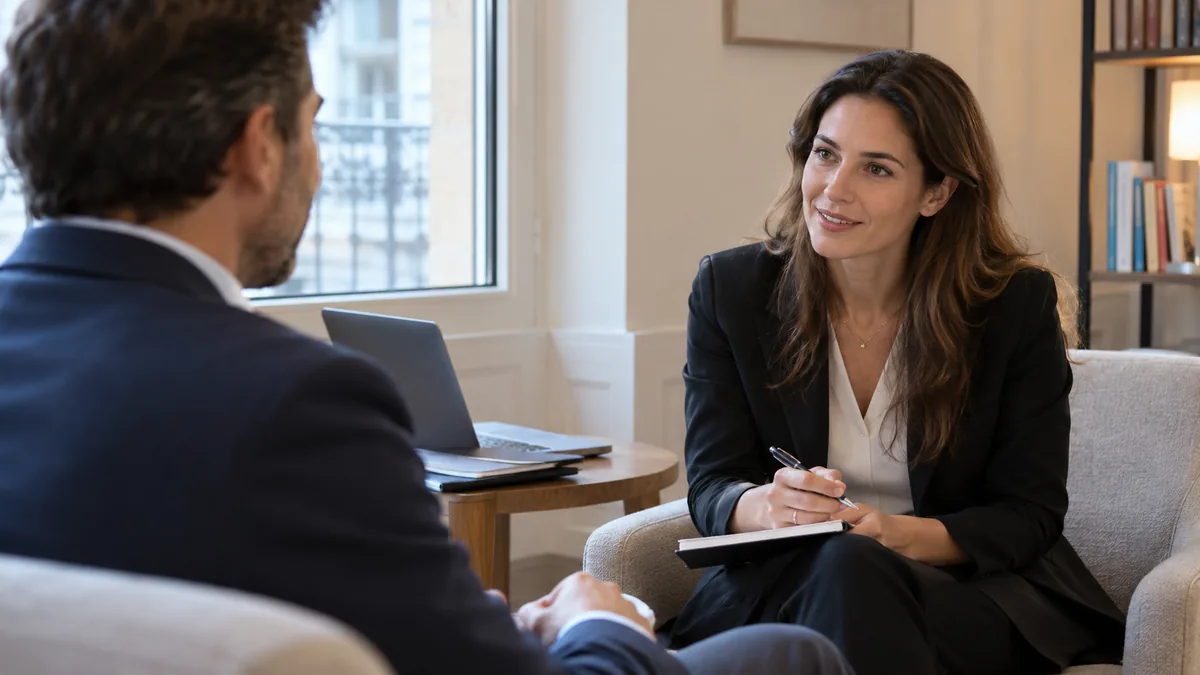 Professionnel recevant un futur client dans un bureau de consultation.