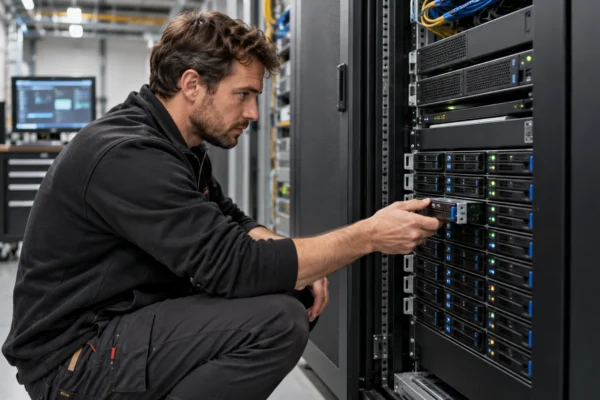 Illustration : Technicien vérifiant un équipement de stockage en salle informatique.