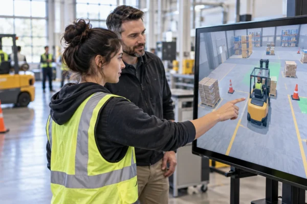 Illustration : Apprenant devant une simulation interactive dans un centre de formation.