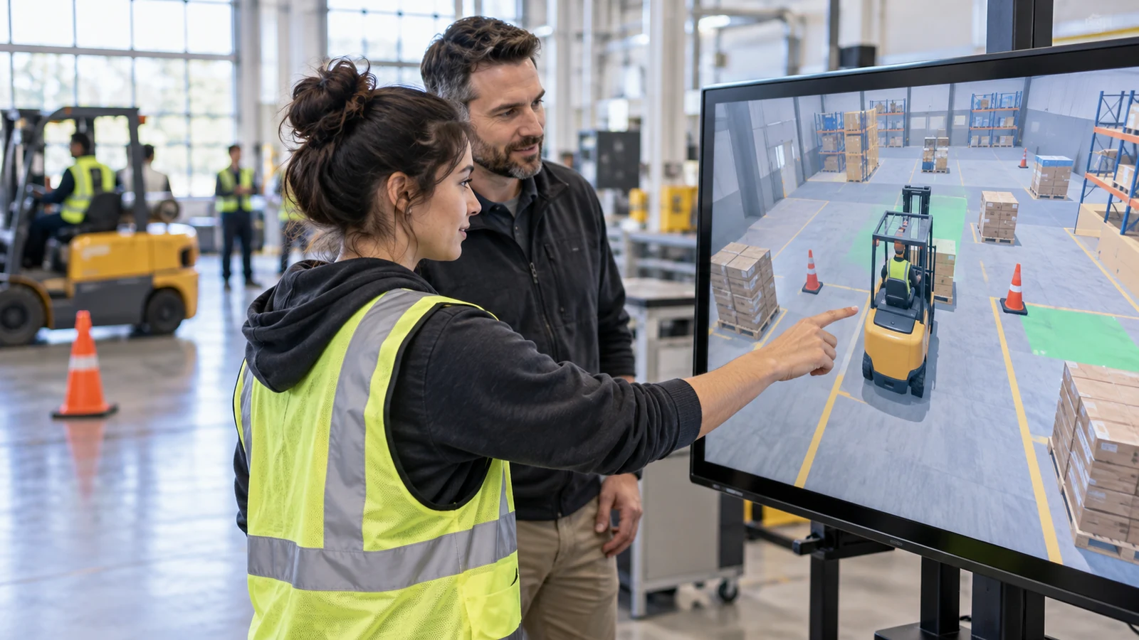 Illustration : Apprenant devant une simulation interactive dans un centre de formation.