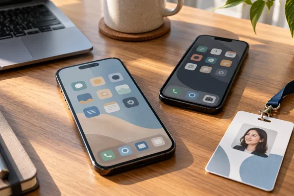 Illustration : Deux smartphones et un badge sur une table de bureau.