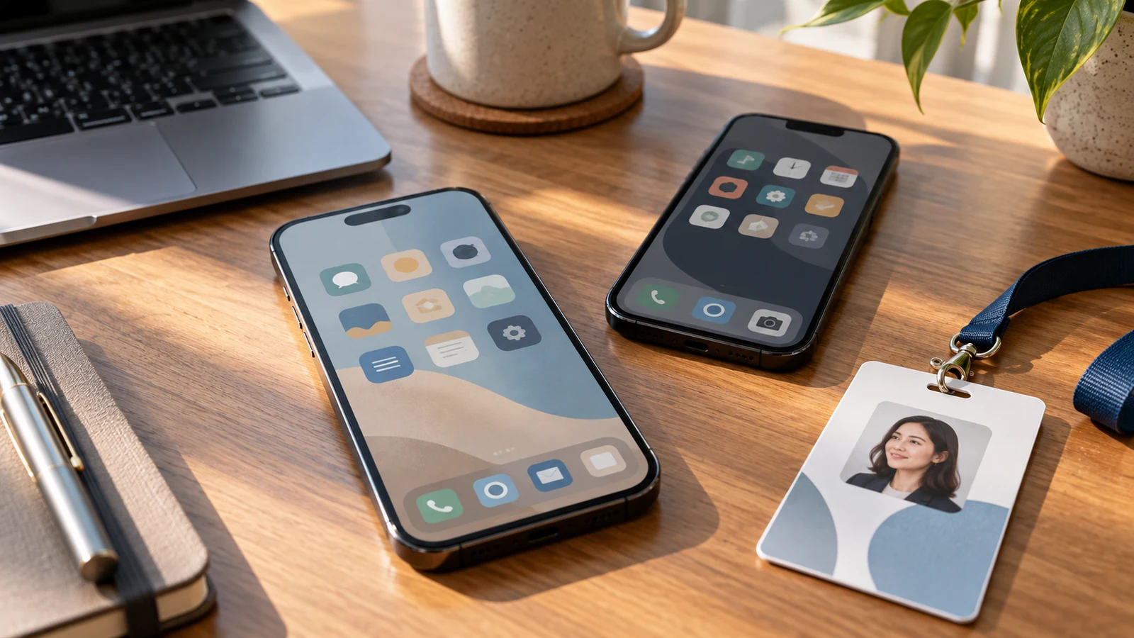 Illustration : Deux smartphones et un badge sur une table de bureau.