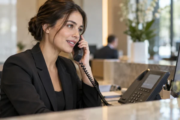 Illustration : Accueil professionnel utilisant un téléphone de bureau.