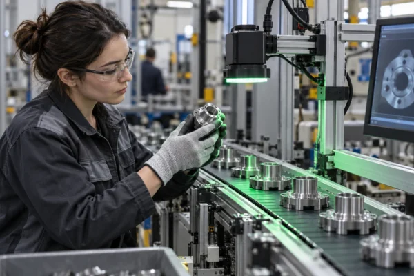 Illustration : Contrôle de pièces industrielles près d’une caméra de vision.