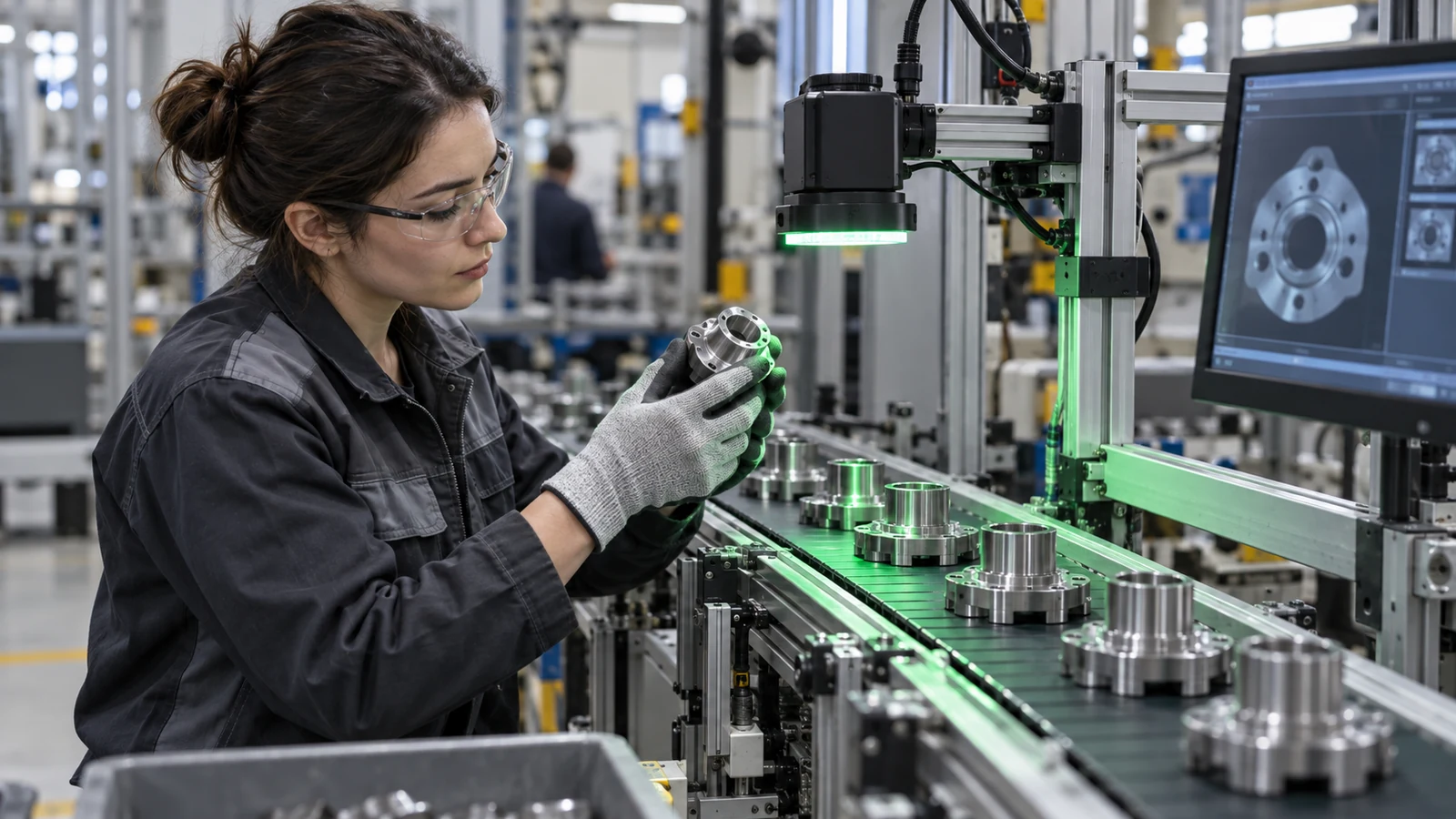 Illustration : Contrôle de pièces industrielles près d’une caméra de vision.