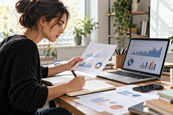 Une analyste compare des graphiques imprimés aux informations affichées sur son ordinateur.
