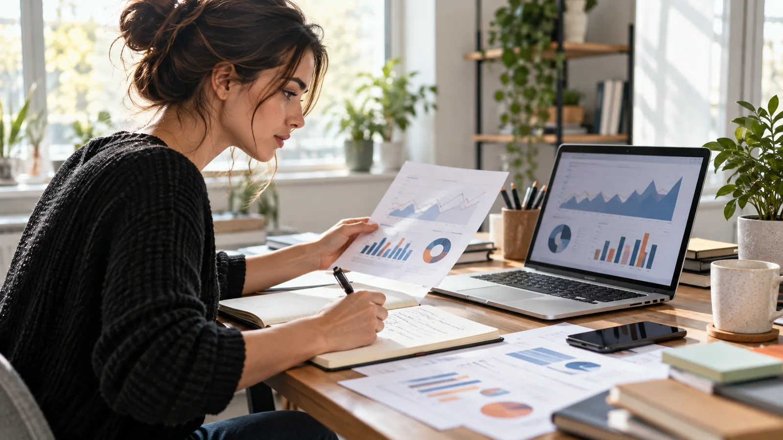 Une analyste compare des graphiques imprimés aux informations affichées sur son ordinateur.