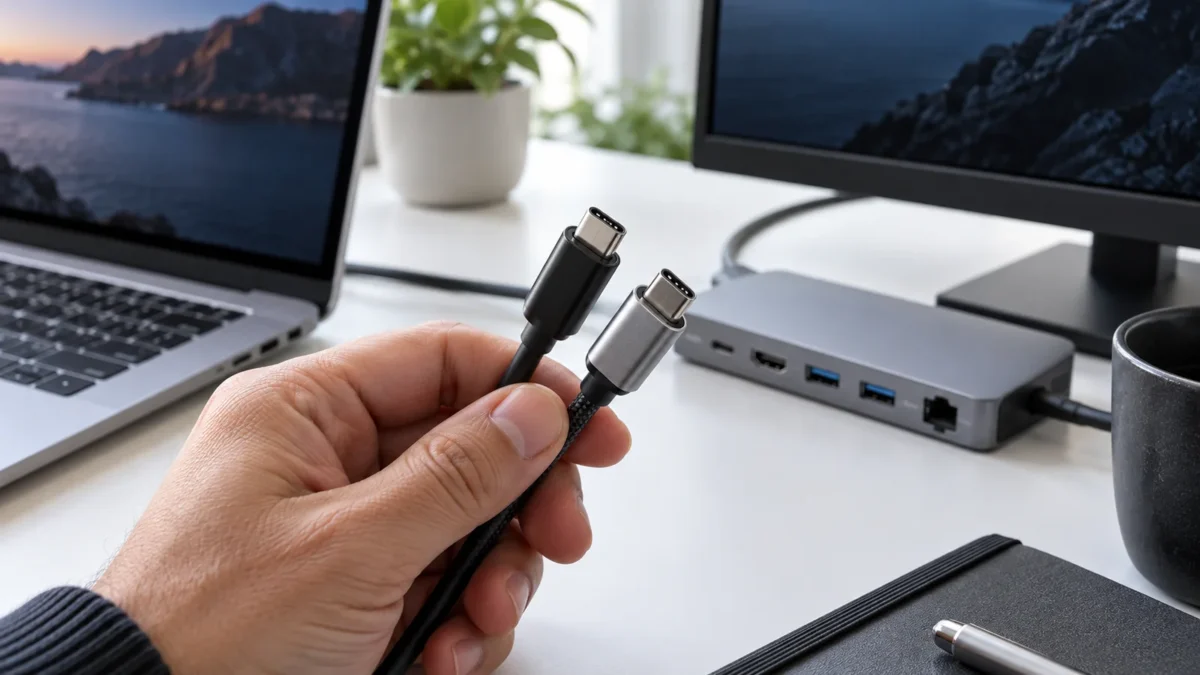 Une main tient deux câbles USB-C devant un ordinateur portable, une station d’accueil et un écran.