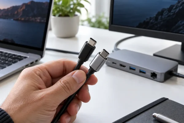 Une main tient deux câbles USB-C devant un ordinateur portable, une station d’accueil et un écran.