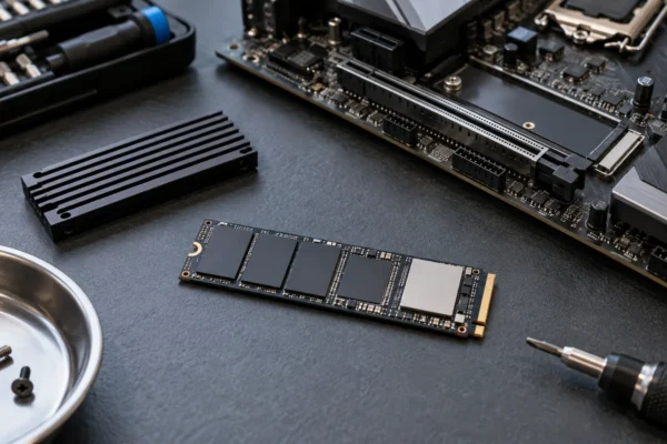 Un SSD NVMe et un dissipateur reposent sur un établi à côté d’une carte mère.