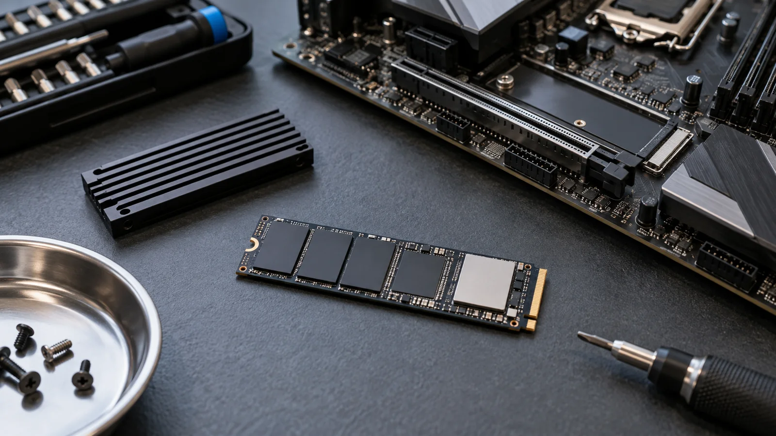 Un SSD NVMe et un dissipateur reposent sur un établi à côté d’une carte mère.